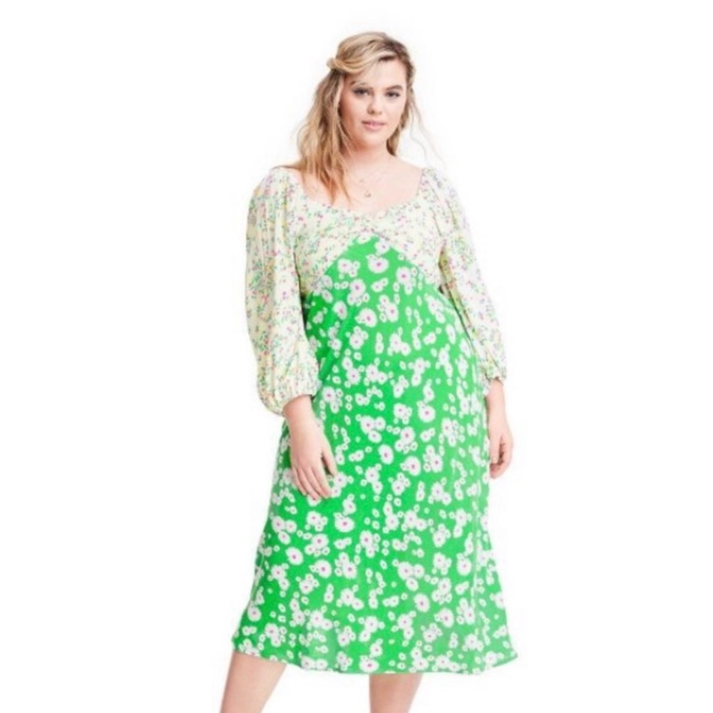 RIXO Daisy Long Puff Sleeve Swing Women’s Green Floral Maxi Dress Plus Size 16 - Picture 6 of 15